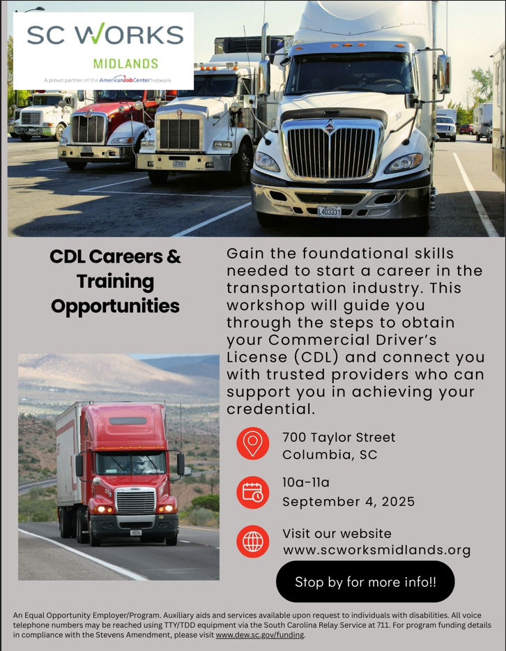 Columbia - CDL Careers & Training Opportunities Workshop (Midlands ...